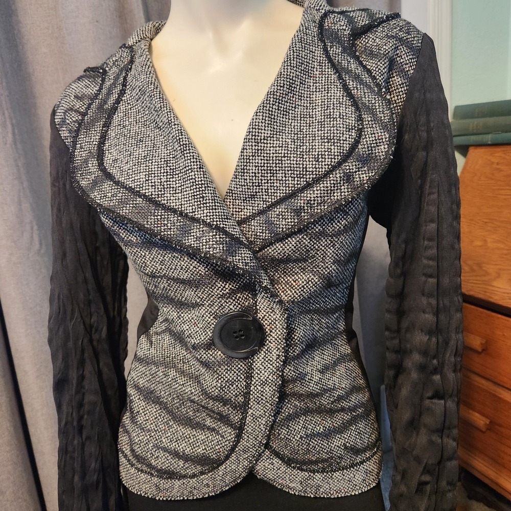 Vtg Alberto Makali Tweed Wool Colorblock‎ Snakeskin Stretch Ruched Sleeves Sz M